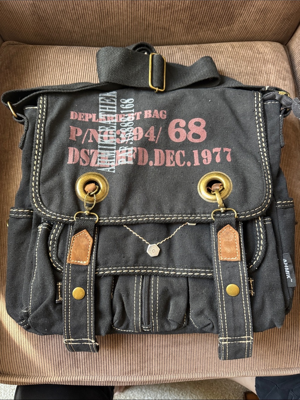 Black Canvas Messenger Bag with Leather Trim